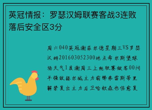 英冠情报：罗瑟汉姆联赛客战3连败 落后安全区3分