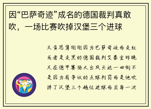 因“巴萨奇迹”成名的德国裁判真敢吹，一场比赛吹掉汉堡三个进球